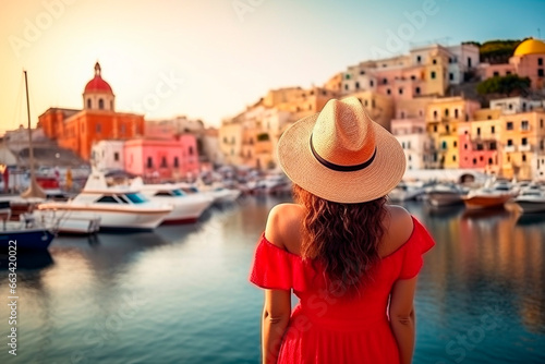 attractive young woman in procida italy.