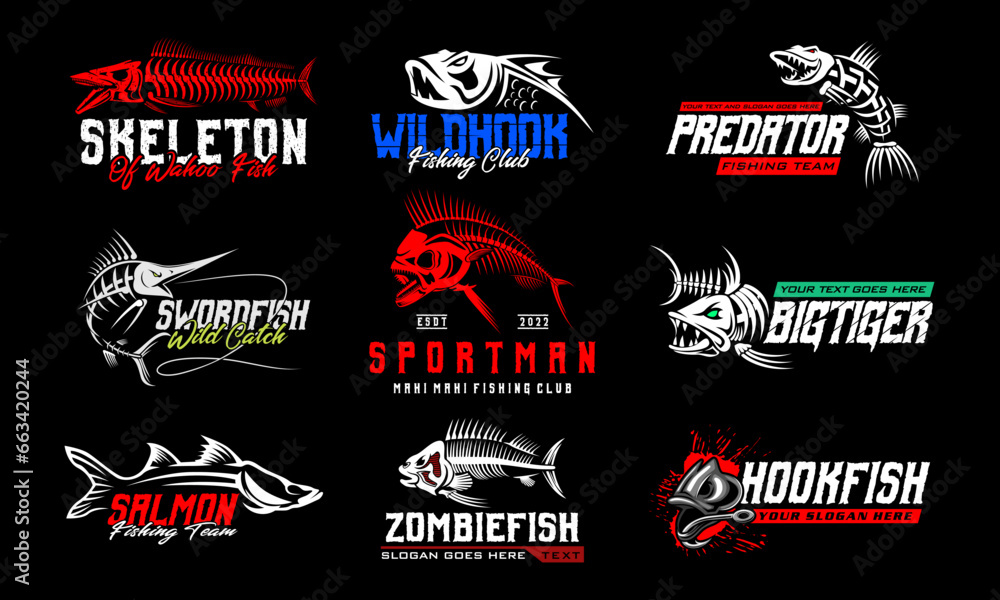 Fototapeta premium Fishing Logo Bundle. unique and Fresh Fish Skeleton fishing logo template. great to use as your fishing company logo.