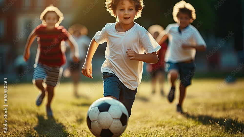 Kids playing in soccer football - obrazy, fototapety, plakaty 