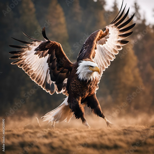 bald eagle in flight, landing on the field in front of forest