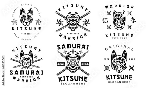 Kitsune Logo Bundle Vintage Style samurai japanesee Wolf Logo in black and white vector illustration © EkoZero7