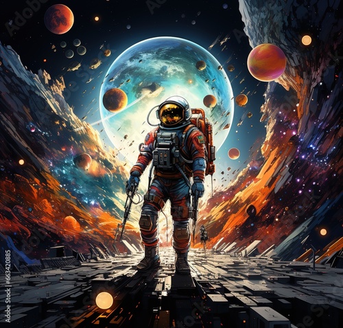 Astronaut on rock surface with space background ,astronaut walk on the moon wear cosmosuit. future concept, Astronaut on foreign planet in front , © Яна Деменишина