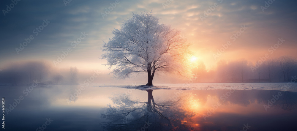 Cold season outdoors landscape, a frost tree by a lake at sunrise, reflection in water, ground covered with ice and snow - Winter seasonal background