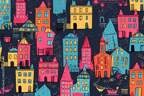 Building demolition quirky doodle pattern, wallpaper, background, cartoon, vector, whimsical Illustration