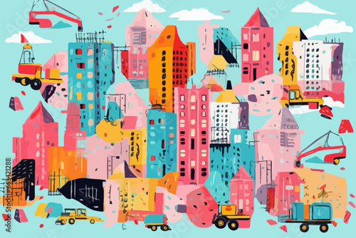 Building demolition quirky doodle pattern, wallpaper, background, cartoon, vector, whimsical Illustration