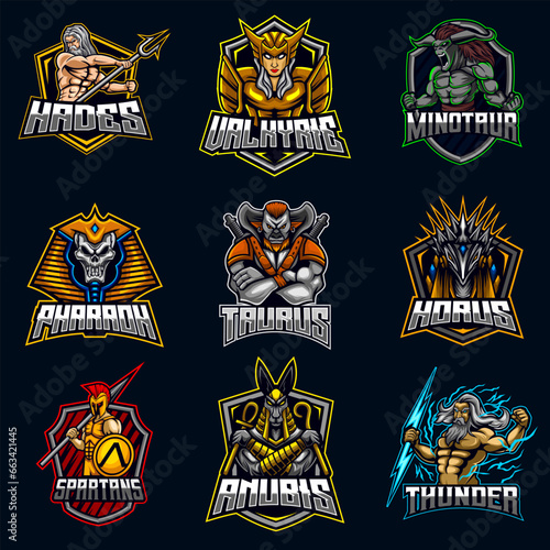 Mythical God Character E-sport Logo Design Bundle Set Hades, valkyrie, minotaur, pharaoh, taurus, horus, spartan, anubis, zeus, symbol, vector gaming team