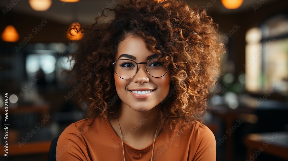 A beautiful woman with curly hair in the office working