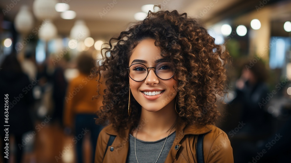 A beautiful woman with curly hair in the office working A beautiful woman with curly hair in the office working