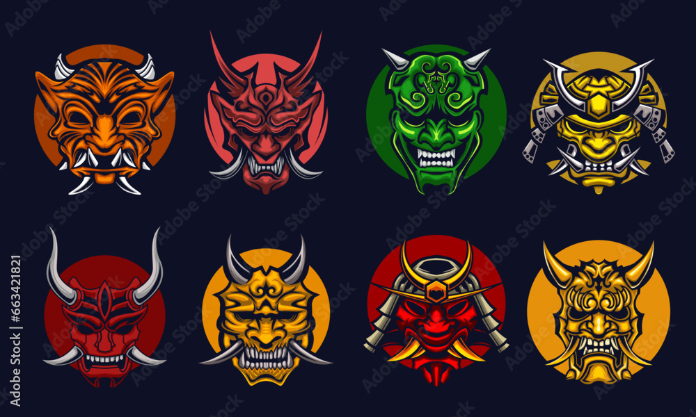 Ronin Logo. Samurai Logo. Onimask Logo Bundle Set Japanese Hanya mask Vector illustration. Ronin Logo. Samurai Logo. Onimask Logo Bundle Set Japanese Hanya mask Vector illustration.