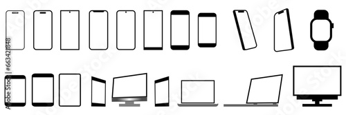 Smartphone mockup set. Laptop computer, tablet and lcd mockups isolated on transparetn background.