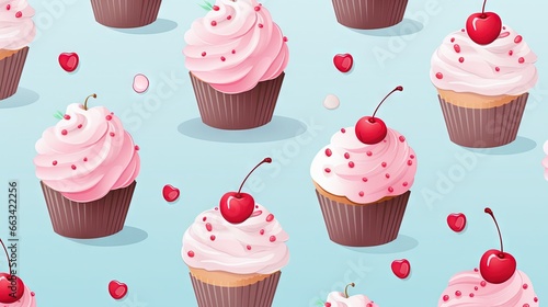  a pattern of cupcakes with pink frosting and cherries on a blue background with cherries on the top of the cupcakes.  generative ai