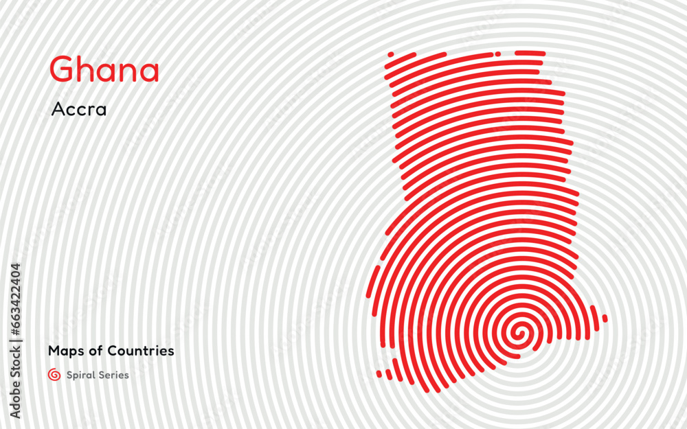 Abstract map of Ghana with circle lines. identifying its capital city, Accra African set. Spiral fingerprint series Abstract map of Ghana with circle lines. identifying its capital city, Accra African set. Spiral fingerprint series