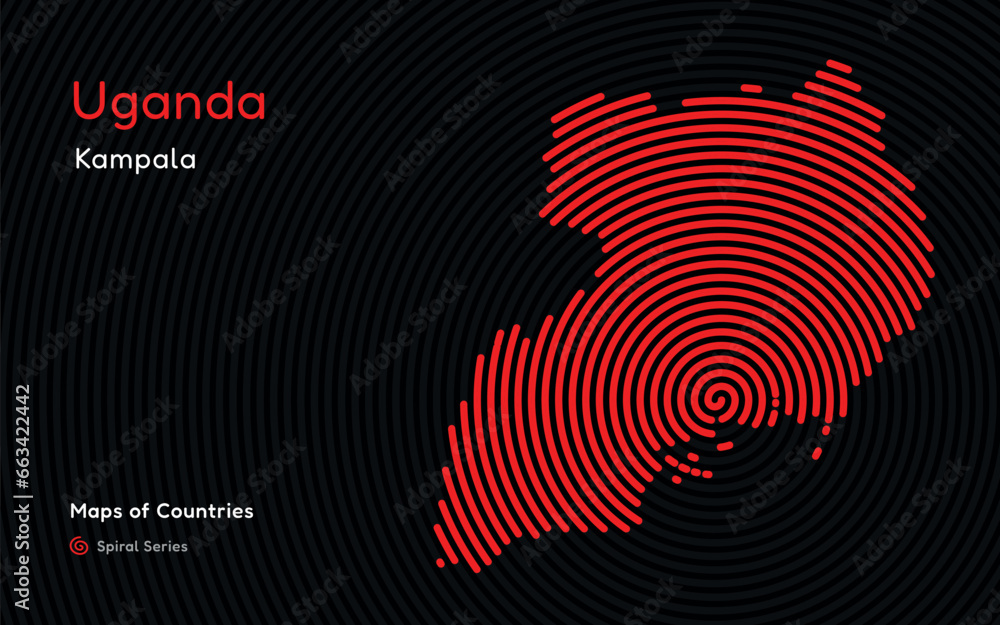 Abstract map of Uganda with circle lines. identifying its capital city, Kampala African set. Spiral fingerprint series Abstract map of Uganda with circle lines. identifying its capital city, Kampala African set. Spiral fingerprint series