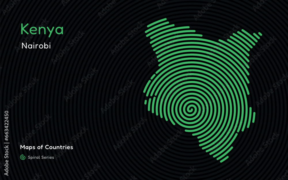 Abstract map of Kenya with circle lines. identifying its capital city, Nairobi African set. Spiral fingerprint series Abstract map of Kenya with circle lines. identifying its capital city, Nairobi African set. Spiral fingerprint series