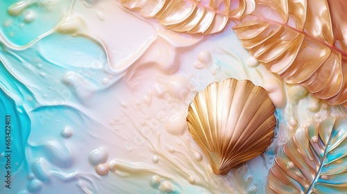  a close up of a painting of a shell and a leaf on a blue and white background with water droplets and a pink and gold leaf. generative ai