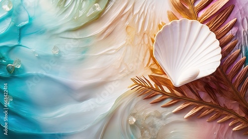  a close up of a sea shell and a palm leaf on a multicolored background with water droplets and gold leaf accents on the bottom of the shell.  generative ai © Nadia