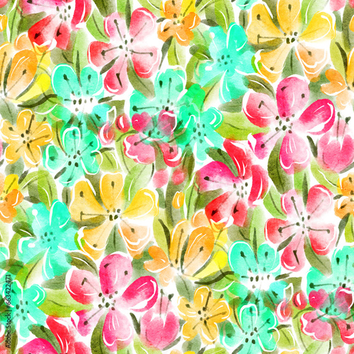 Fototapeta Naklejka Na Ścianę i Meble -  Seamless pattern with bright spring flowers. Digital painting.