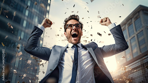 businessman celebrating with confetti in the air photo