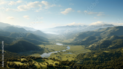 A breathtaking view of a lush, green valley blanketed with fog, creating an ethereal atmosphere © Textures & Patterns
