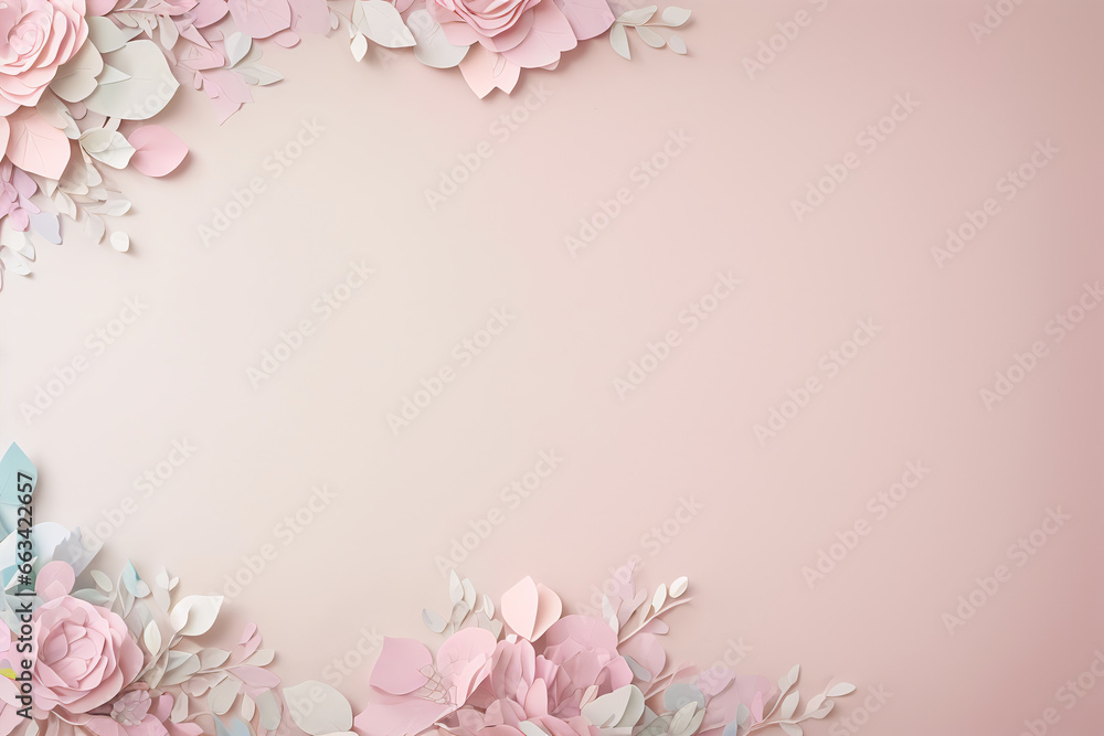Paper flowers on pastel pink background with copy space. Flat lay, top view
