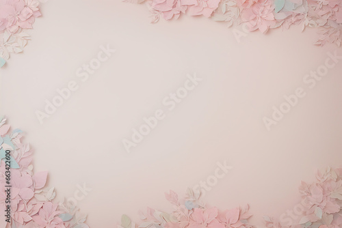 Pink paper flowers on pastel pink background. Place for text.