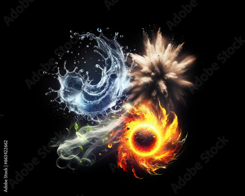 Earth, water, air, fire. Four elements of nature. 4 elements. Isolated black background. Glowing elements on a black background. 