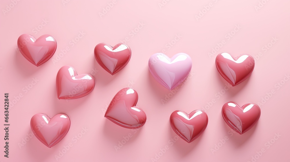  a group of pink hearts sitting on top of a pink table next to a pink wall with a white heart on top of the wall.  generative ai