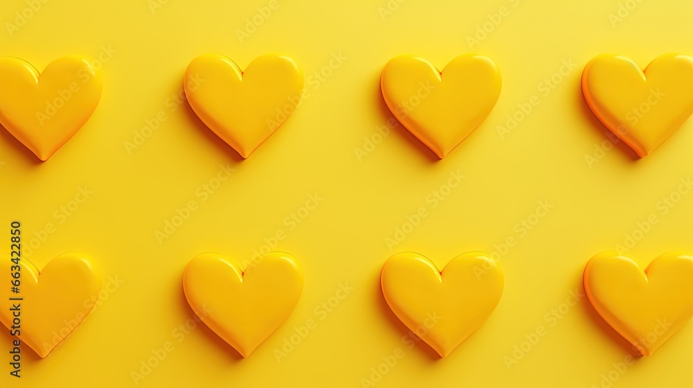  a group of yellow hearts on a yellow background with a yellow background and a few smaller ones in the middle of the picture, all of which are shaped like hearts.  generative ai