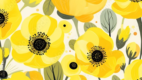  a yellow flower pattern with black dots on a white background with a black dot in the center of the flower and leaves on the bottom of the flower.  generative ai