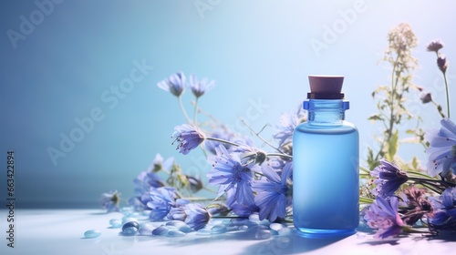  a blue bottle with a wooden cap next to a bunch of flowers on a table with water droplets on it and a blue background with a blue sky.  generative ai photo