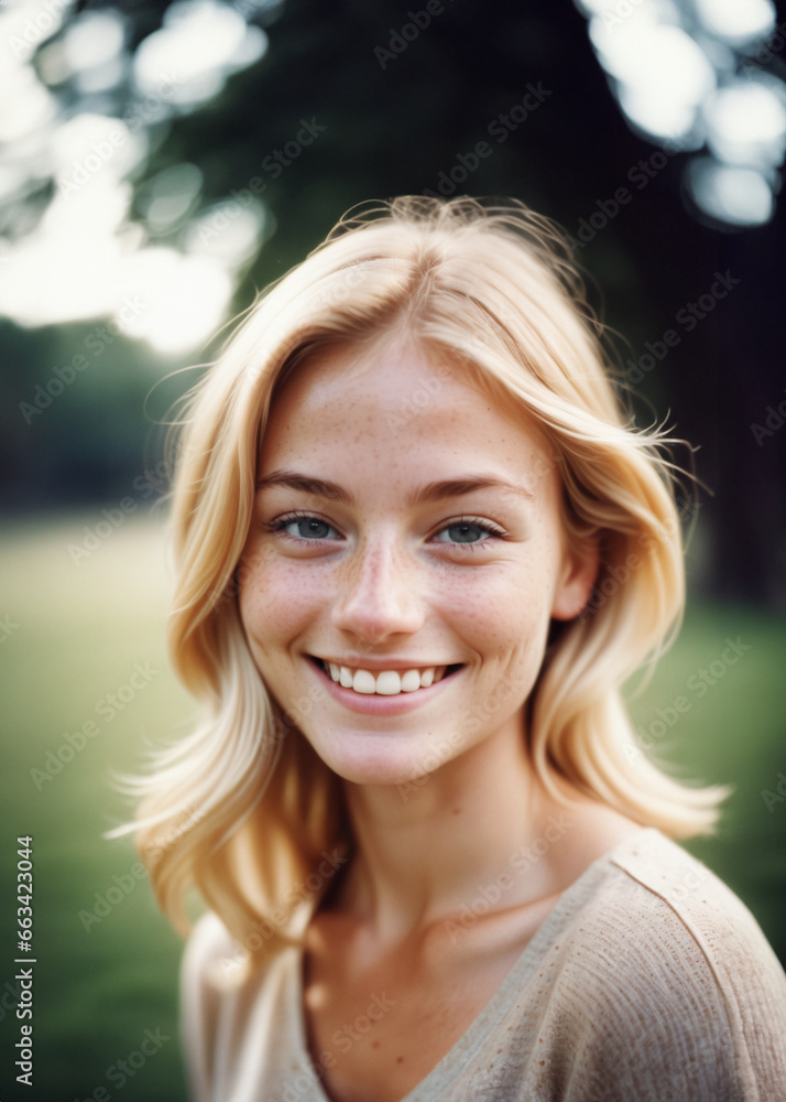 primo piano con volto di giovane ragazza dai capelli biondi mossi, luce naturale, sguardo verso l'osservatore primo piano con volto di giovane ragazza dai capelli biondi mossi, luce naturale, sguardo verso l'osservatore