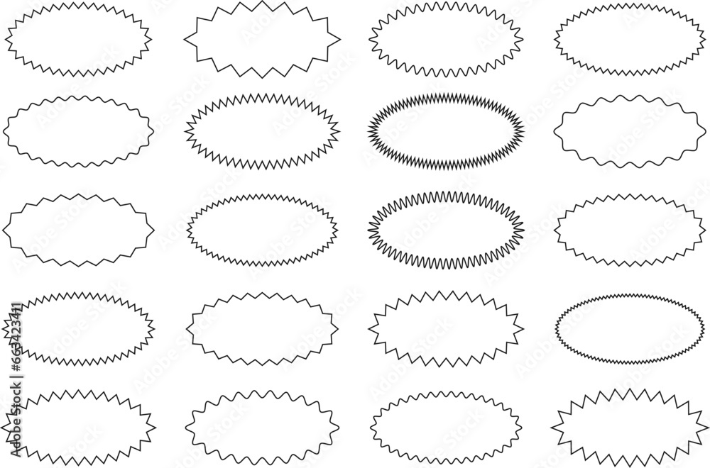 Starburst sticker set - collection of special offer sale oval and round shaped sunburst labels and badges. Promo stickers with star edges. Vector. Starburst sticker set - collection of special offer sale oval and round shaped sunburst labels and badges. Promo stickers with star edges. Vector.