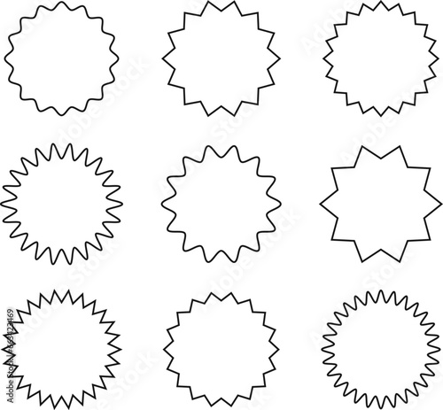Starburst sticker set - collection of special offer sale oval and round shaped sunburst labels and badges. Promo stickers with star edges. Vector.