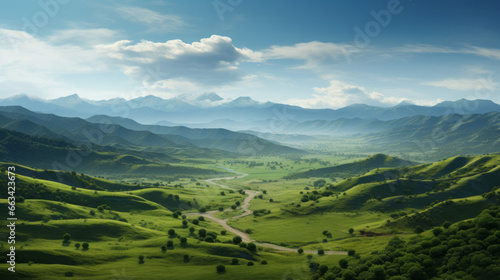 A breathtaking view of a lush  green valley blanketed with fog  creating an ethereal atmosphere