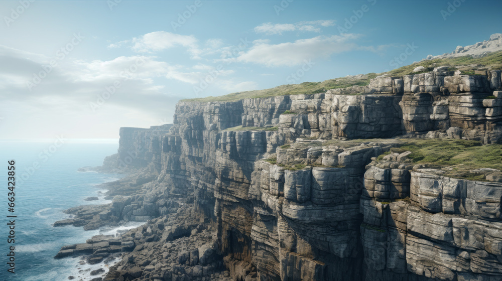 A breathtaking view of a rocky cliff, overlooking a vast expanse of ocean