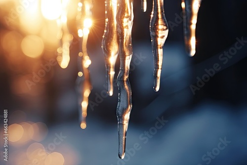  icicles hanging from the ceiling of a building at sunset. generative ai