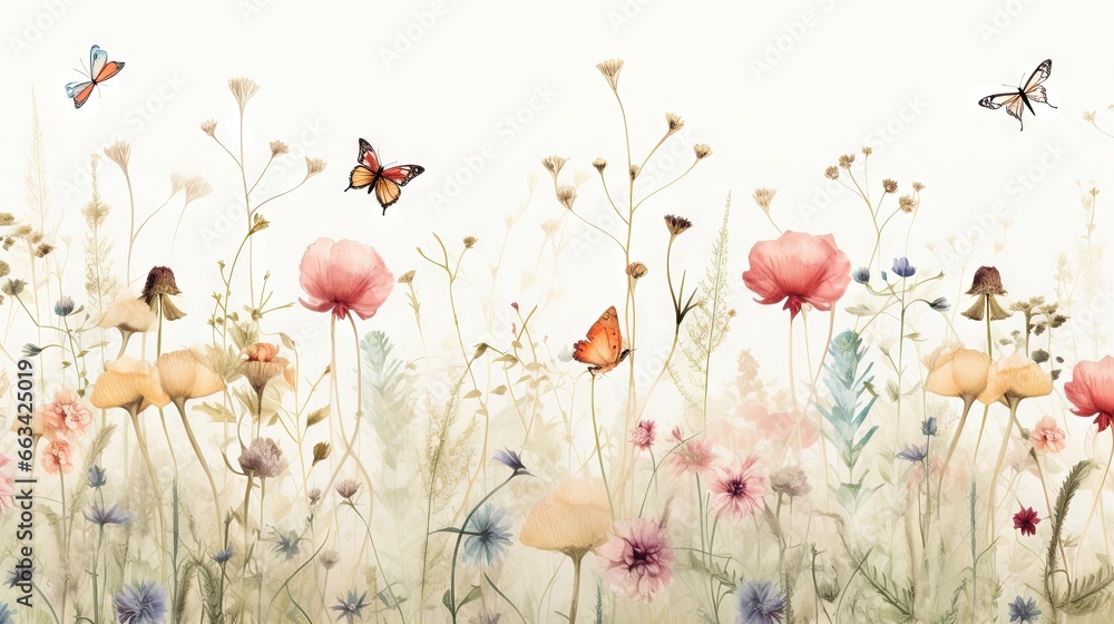  a painting of a field of flowers with butterflies flying over it and a white background with a light blue sky in the background and a white wall.  generative ai - obrazy, fototapety, plakaty 