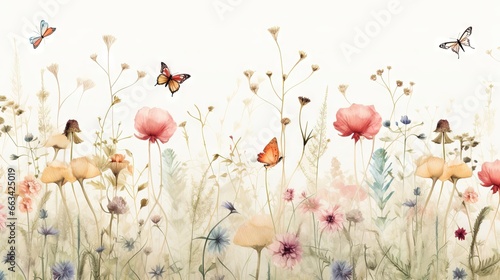  a painting of a field of flowers with butterflies flying over it and a white background with a light blue sky in the background and a white wall.  generative ai