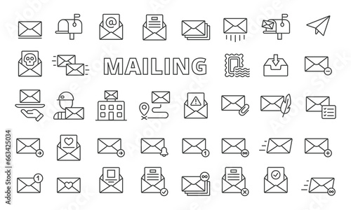 Mailing icons in line design. Envelope, mail, business, email, letter, address, send, receive, inbox, outbox, tracking icons isolated on white background vector.