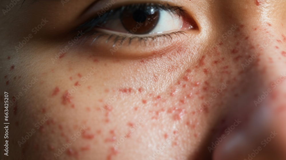acne on woman face with rash skin, scar, and red skin syndrome allergic