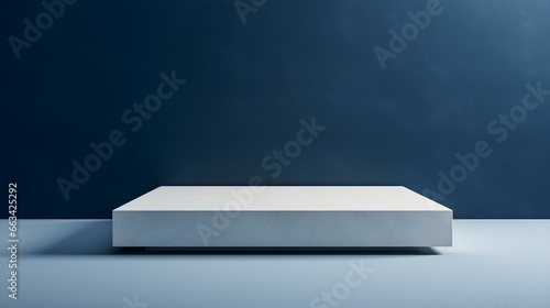Square Stone Podium in front of a navy blue Studio Background. White Pedestal for Product Presentation