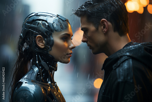 Android Woman and Man Gaze at Each Other in the Rain, Enamored