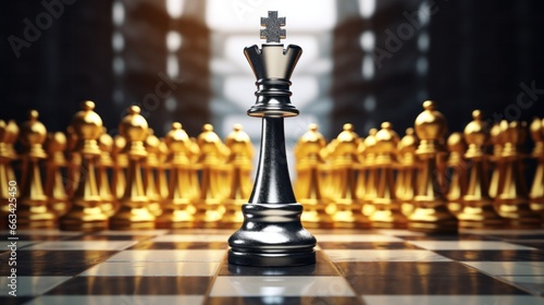 chess battle, victory, success, team leader, teamwork, business strategy, chess gold and silver king surrounded with SILVER and GOLD chess pieces on game competition, generate by AI