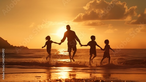 Silhouetted Happy Asian Family Playing And Having Fun On The Beach At Sunset. Recreation, relax, holiday, vacant time. © pinkrabbit