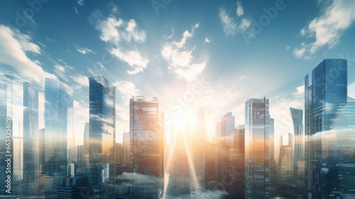 A bright morning sky reveals a cityscape of tall glass buildings  reflective of the sun s rays 
