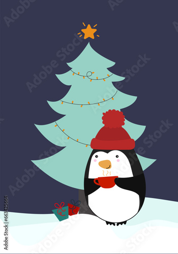 cute vector illustration of penguin near christmas tree. cartoon penguin in forest with tea. cozy christmas card illustration. flat new year animal illustration © Karina