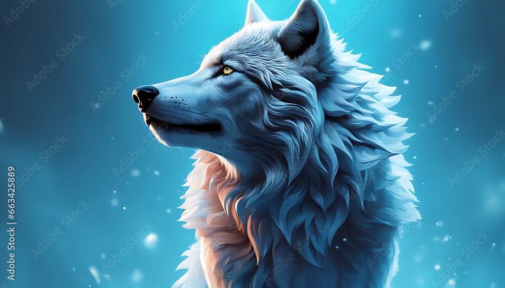  wolf, minimalistic colorful organic forms, energy, assembled, layered, depth, alive vibrant, 3D, abstract, on a light blue background