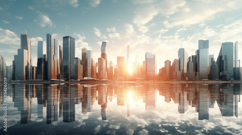 A bright morning sky reveals a cityscape of tall glass buildings, reflective of the sun's rays 