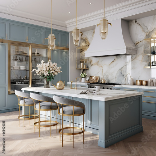 modern kitchen interior with blue shade created with Generative Ai