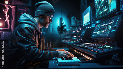 A European musician creating digital music using synthesizers and digital audio workstations photo